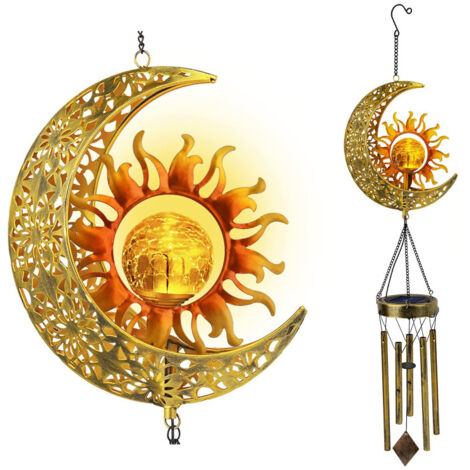 Campana de viento solar para exteriores, diseño de sol y luna, bola de cristal craquelado, resistente al agua, liquidación, color oscuro, decoración de jardín.