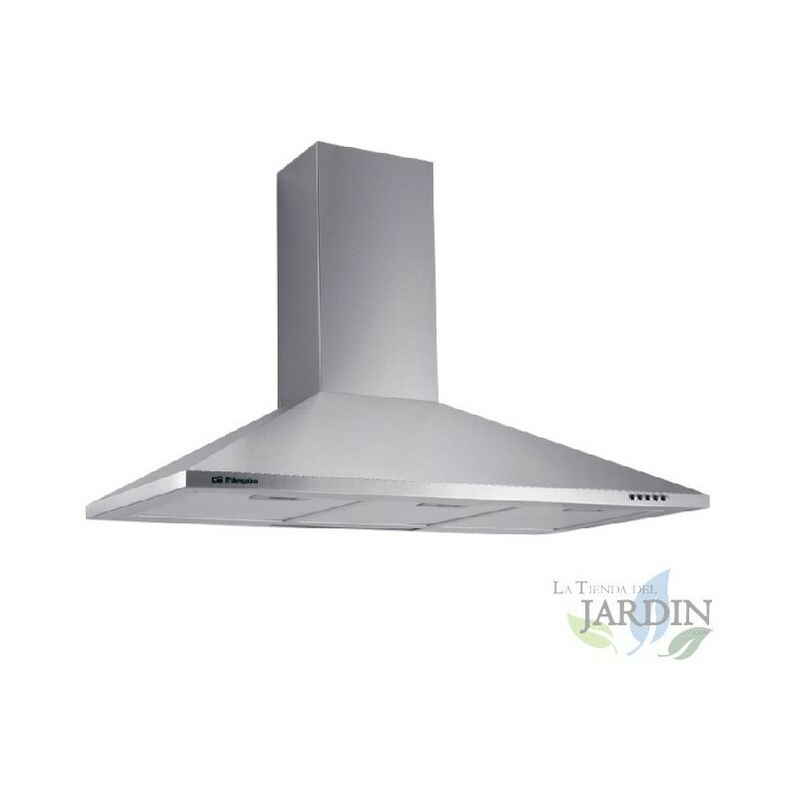 Campana decorativa inox Orbegozo Motor 70W. Clase energética d. 3 niveles de potencia. 3 filtros. Ancho: 90 cm.