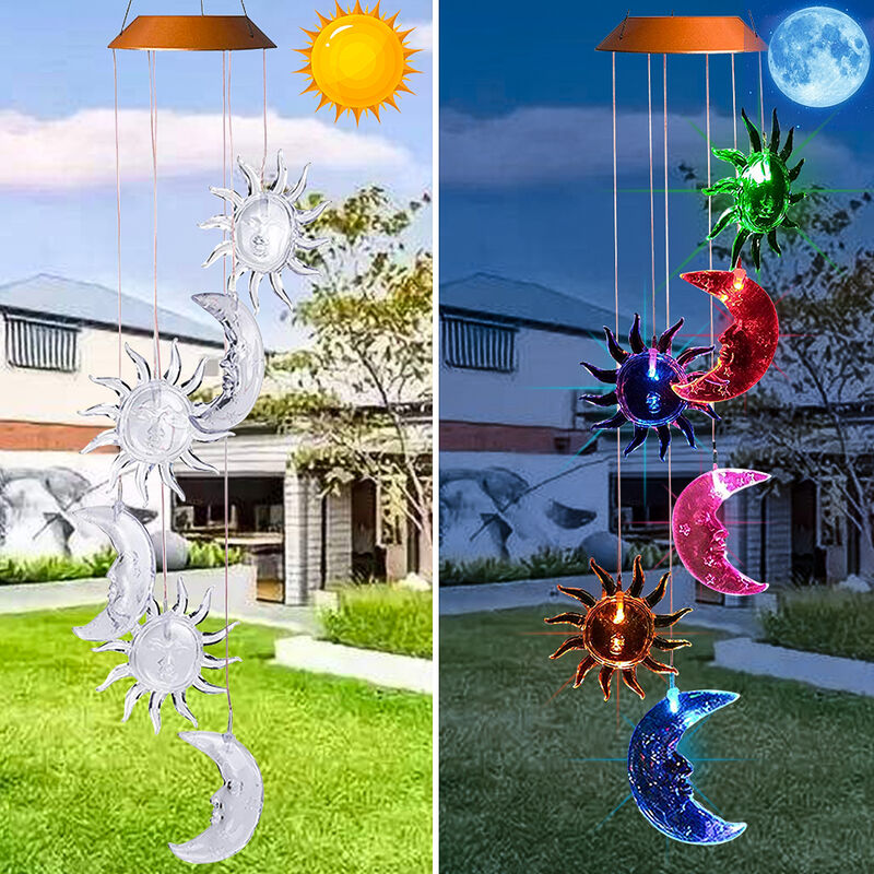 

Campanas solares LED solares y lunares de 7 colores para exteriores - Carillón de viento de color de luz LED resistente al agua que cambia de color,