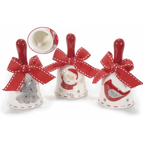 Campanelle Natalizie in ceramica con fiocco rosso set da sei decorazioni