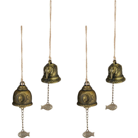 Campanelli eolici, set da 4, stile Feng Shui, motivi buddisti, suono rilassante, giardino, metallo, oro