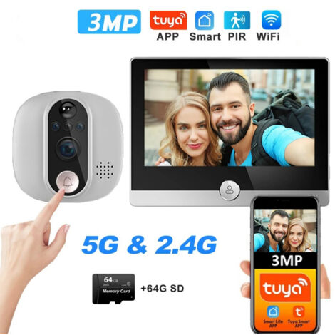 Campanello con funzione di registrazione in loop, visione notturna a infrarossi e funzione di sbircio, con scheda di memoria da 64 GB.