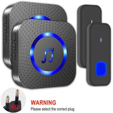 Campanello elettronico wireless impermeabile per uso esterno, 2 trasmettitori e 2 ricevitori, con spina, 55 melodie, 5 livelli di volume, nero