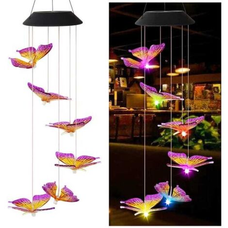 Campanello eolico solare a LED, a forma di farfalla, impermeabile, con luce da appendere all'esterno, per la decorazione del giardino e del cortile