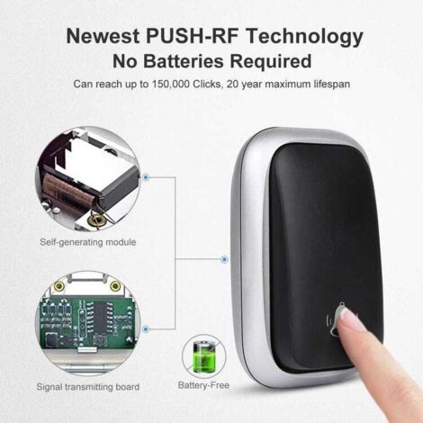 Campanello senza fili nero, campanello autoalimentato, nessuna batteria richiesta, campanello senza fili, portata 150 m, pulsante impermeabile con 38 Ca