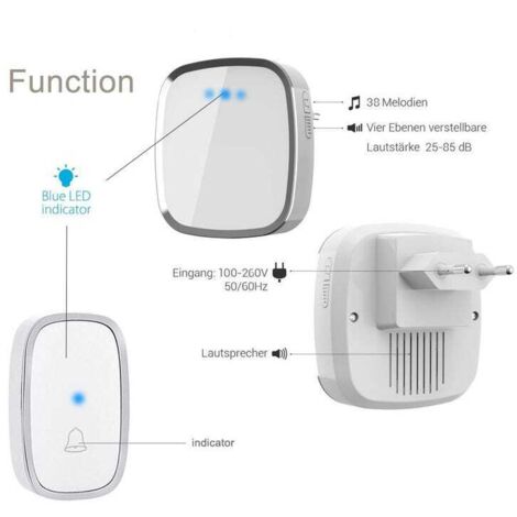 Campanello senza fili per esterni impermeabile IP44, campanello da 300 metri, kit campanello con LED flash, 1 trasmettitore e 2 ricevitori, 5 livelli di volume