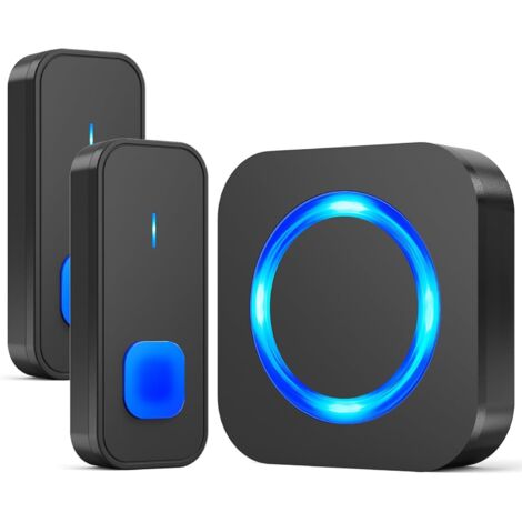 Campanello senza fili, portata 400 m, con due pulsanti del trasmettitore esterno, 55 melodie, 5 volumi, per casa, indicatore LED blu, nero