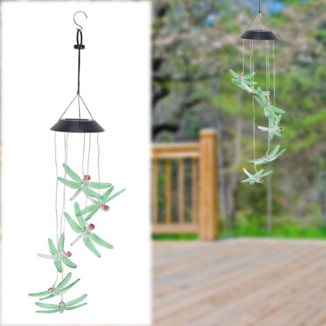 Campanilla solar de viento "Libélula", con fotocélula automática, resistente al agua, iluminación LED que cambia de color, luz solar decorativa para jardines y patios, 233 g (plástico, 1 pila AA Ni-CD