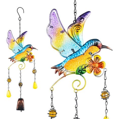 Campanillas de viento de colibrí, campanillas de viento para exteriores, campanillas de viento para interiores, vidrieras, atrapasoles de metal para ventana, jardín, patio, decoración de césped (campa