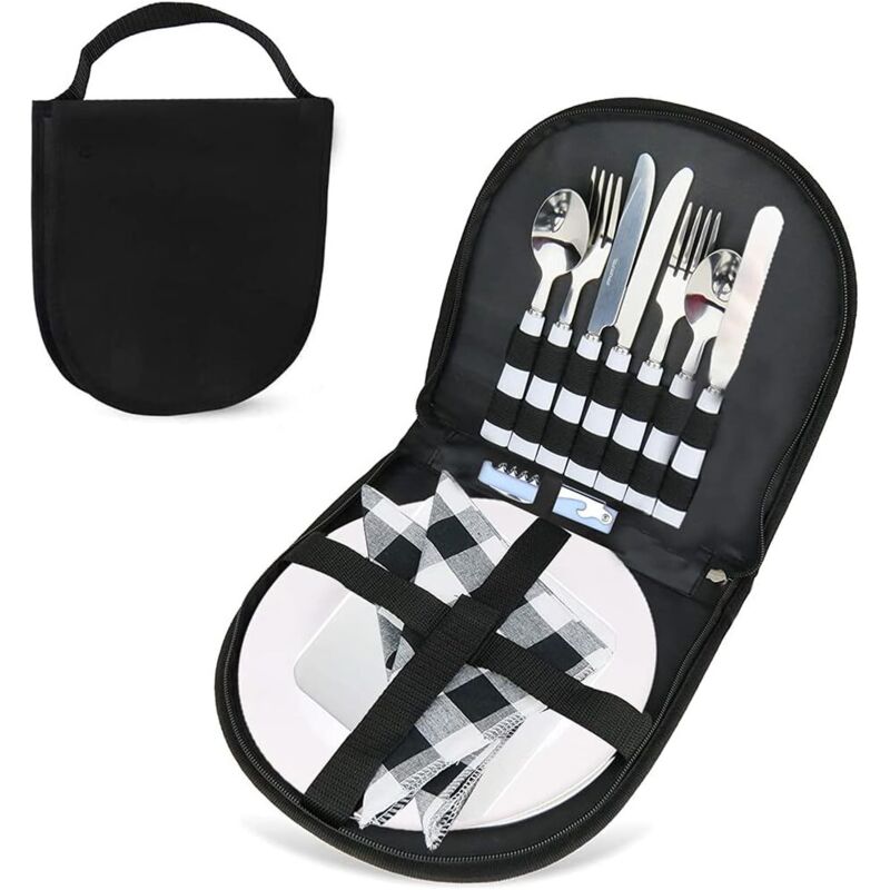 Camping Cuisine Mess Kit 13Pcs, Ustensiles Écologiques pour 2 Personnes, Assiette, Cuillère, Couteau et Fourchette