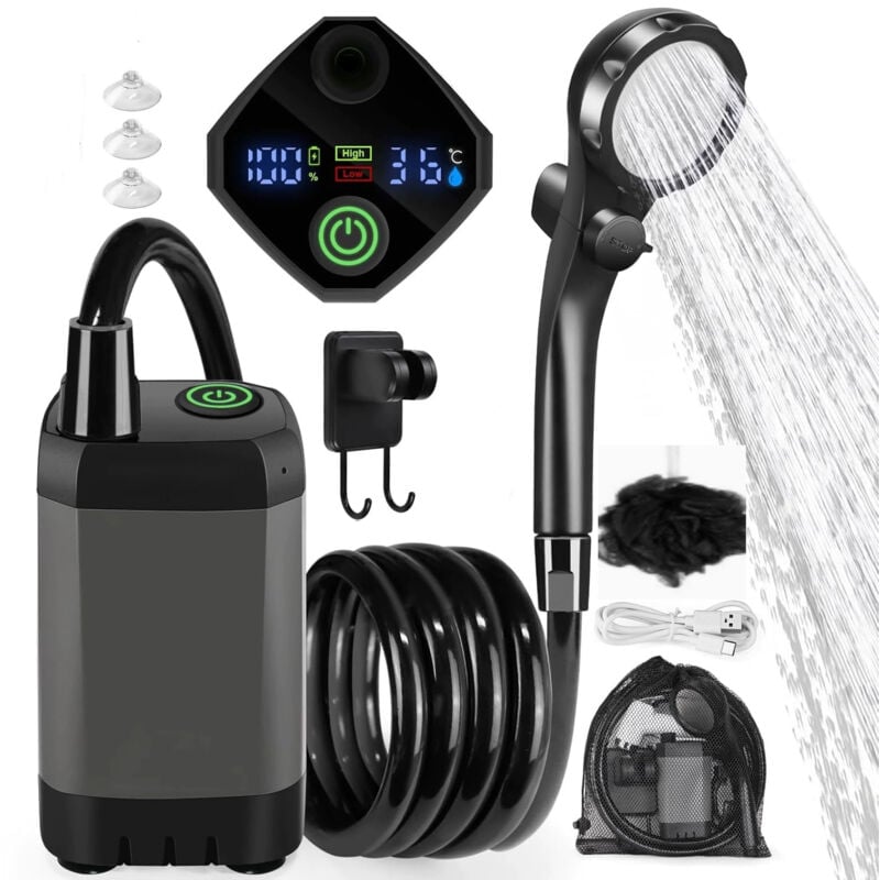 Camping Douche Portable, 6000mA 4 Spray Modes, avec Tuyau, Afficheur Intelligent pour Extérieure,for Hiking