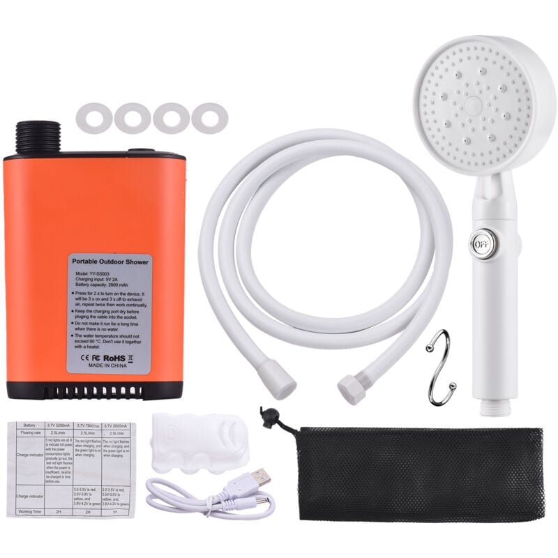 Rosvola - Camping électrique de douche portable avec 3 niveaux Réglage du flux d'eau Pompe à l'extérieur sans fil 5,9 pieds Angle de tuy