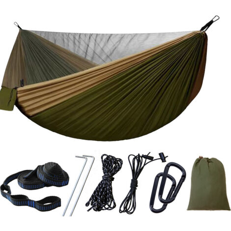 Camping-Hängematte mit Netz, tragbare Camping-Hängematte, Doppelbaum-Hängematte für drinnen und draußen, Rucksackreisen, Reisen und Überleben, 290 x 140 cm
