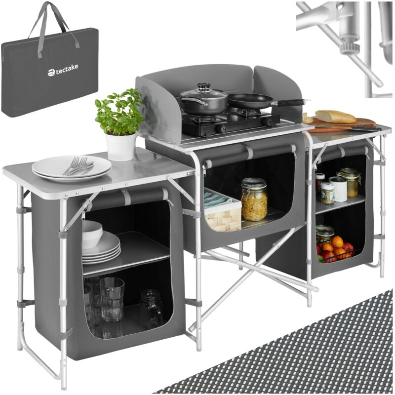 Tectake - Camping Kitchen 172x52x104cm - camping kitchen unit, camping kitchen stand, camping cooking table - grey