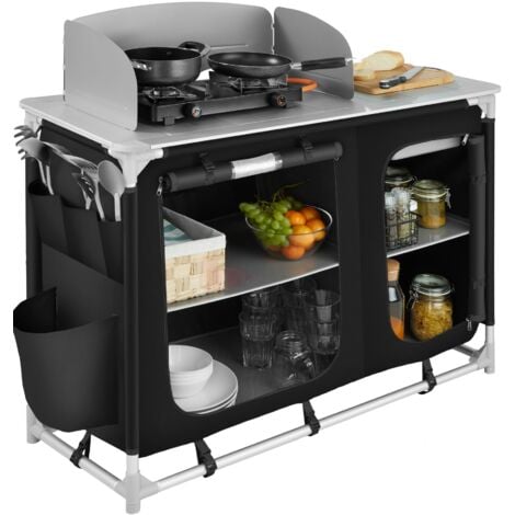 Camping Kitchen - foldable with 4 compartments, aluminium frame - camping kitchen unit, camping kitchen stand, camping cooking table - black