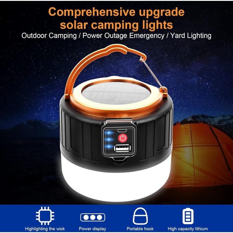 Camping Light, Lanterne de Camping LED Rechargeable à Énergie Solaire/USB avec Télécommande,5 Modes Lampe de Tente Étanche, Lampes Camping Portable