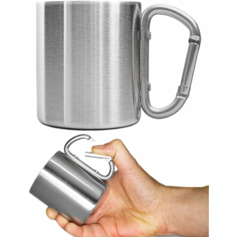 Camping Mug, Metal Outdoor Mug with Carabiner, Stainless Steel, Hiking, 220ml, (Silver)