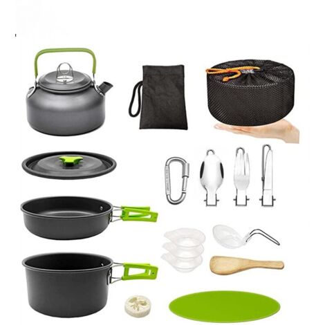 main image of "Camping Pans Set, 16 Portable Aluminum Kitchen Sets, Suitable for 2-3 Person Camping, Hiking, Fishing, BBQ, Green Handle"