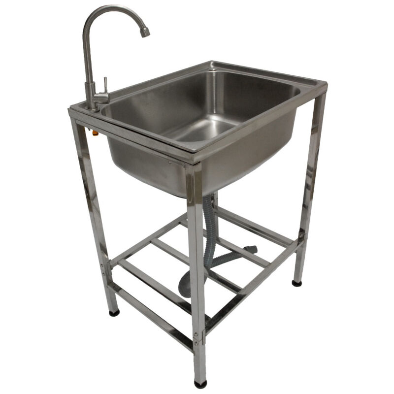 Camping Sink With Tap And Drainage Pipe Outdoor Stainless Steel - Silver