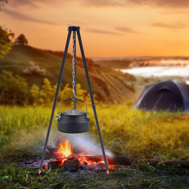 Camping Tripod Swivel Grill Portable bbq Tripod Rack Hanger avec sac de rangement, cuisine Tripod Set Grille de cuisson avec crochet à chaîne, outil