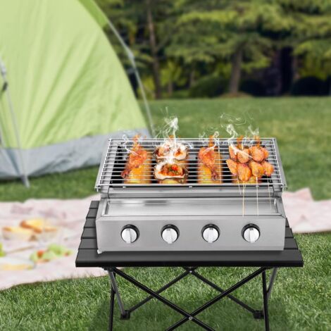 Campinggrill, Grillwagen mit 4 Brennern, Tischgrill, Propangasgrill, Gartengrill aus Edelstahl, 55,8 x 23,2 cm LPG-Gasgrill
