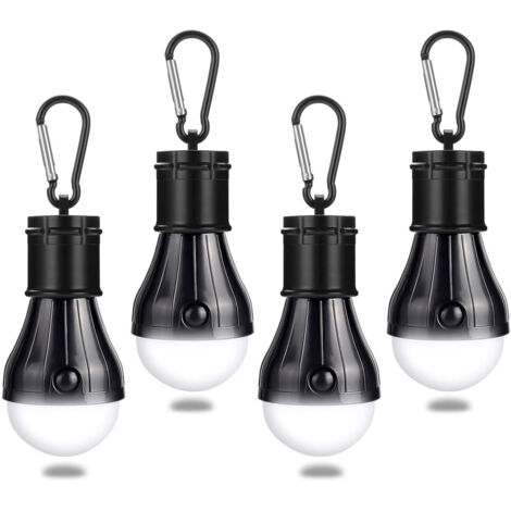 Campinglampe, 4 LED Campinglampe Laterne Zeltlampe Glühbirne Set, Notlicht mit Karabiner Wasserdicht Tragbare Camping Lantern LED für Camping, Abenteuer, Angeln, Notfall, Stromausfall - Schwarz