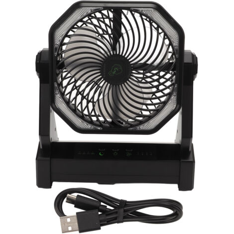 Campingventilator mit LED-Laterne, 4 Geschwindigkeitsstufen, 270° schwenkbar, hohes Luftvolumen, USB-aufladbar, Schwarz