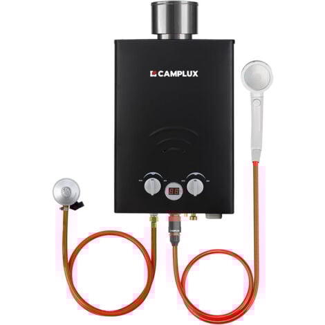 CAMPLUX Calentador de Agua a Gas 6L/min Con Cubierta para Lluvia, 11KW calentador de agua instantáneo a gas propano/butano - BW158BC - 30/37mbar - Negro