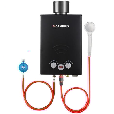 CAMPLUX Calentador de Agua a Gas 6L/min Con Cubierta para Lluvia, 11KW calentador de agua instantáneo a gas propano/butano - BW158BC-DE - 50mbar - Negro