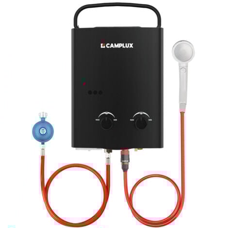 CAMPLUX Calentadores de agua a gas portátiles a partir de 5L/min 10kW, Calentadores de agua a gas propano/butano instantáneos - AY132B-DE - 50mbar - Negro