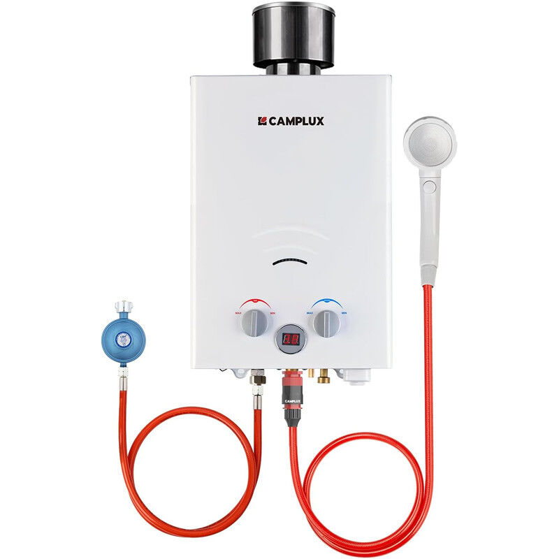CAMPLUX Chauffe-eau à Gaz de 6L/min Avec Housse de pluie, Chauffe-eau instantanés 11KW au gaz propane/butane - BW158C-DE - 50mbar - Blanc