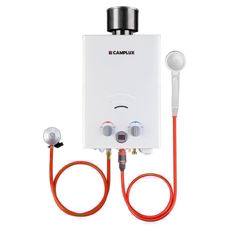 Camplux - Chauffe-eau à Gaz de 6L/min Avec Housse de pluie, Chauffe-eau instantanés 11KW au gaz propane/butane - BW158C - 30/37mbar - Blanc