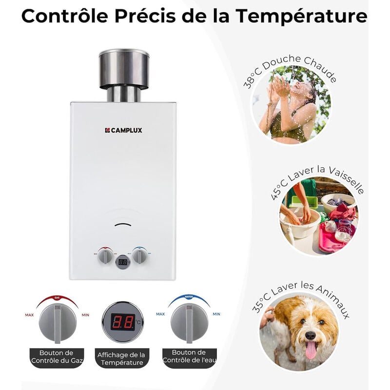 Camplux - Chauffe-eau à Gaz propane/butane 10L, Chauffe-eau à gaz instantanés 20KW avec Housse de pluie - BW264C-DE - 50mbar - Blanc