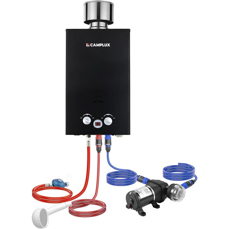 Camplux - Chauffe-eau à Gaz propane/butane 10L, Chauffe-eau à gaz instantanés 20KW avec Housse de pluie - BW264BCP120-DE - 50mbar - Noir - Avec Pompe