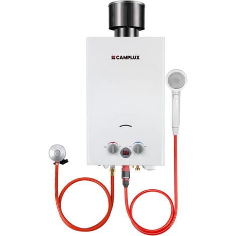 CAMPLUX Gas-Wassererwärmer 10L Propan/Butan, Gas-Durchlauferhitzer 20KW mit Regenhülle - BW264C - 30/37 mbar - Weiß
