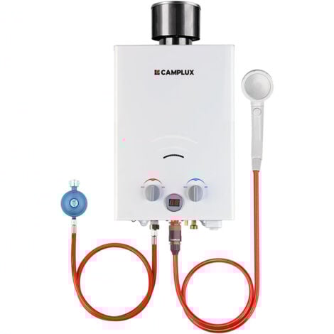 CAMPLUX Scaldabagno a gas 6L/min con copertura antipioggia, scaldabagno istantaneo a gas propano/butano da 11KW - BW158C-DE - 50mbar - Bianco