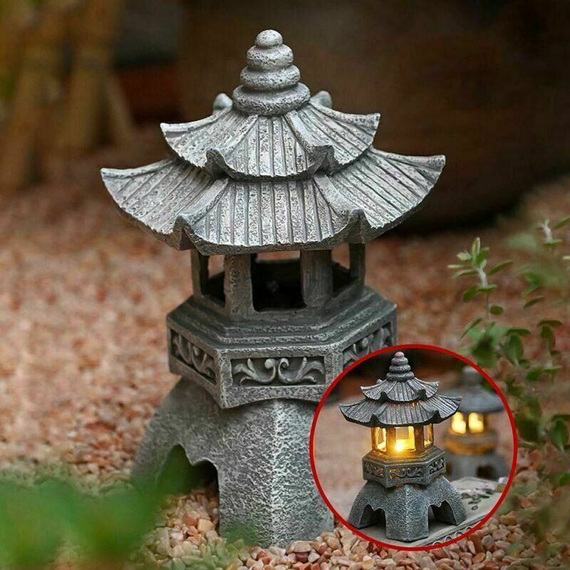 Statues de lanterne de pagode à énergie solaire, ornements de jardin légers de pagode de style japonais, décoration de pelouse autoportante de pagode