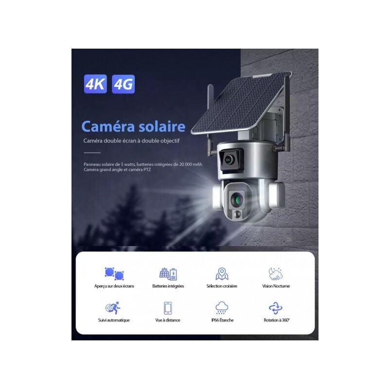 ME - Caméra Surveillance Sécurité Solaire Sans fil Extérieure 4K 8MP 4G 360° Double Objectif Zoom Optique 10X Détection mouve nt