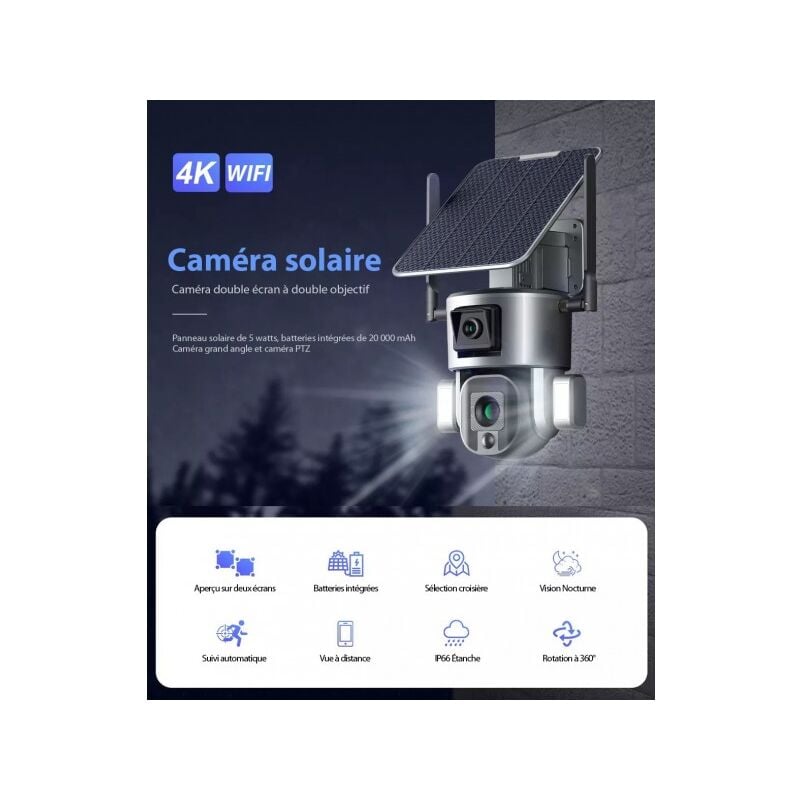 ME - Caméra Surveillance Sécurité Solaire Sans fil Extérieure 4K 8MP wifi 360° Double Objectif Zoom Optique 10X Détection mouve nt