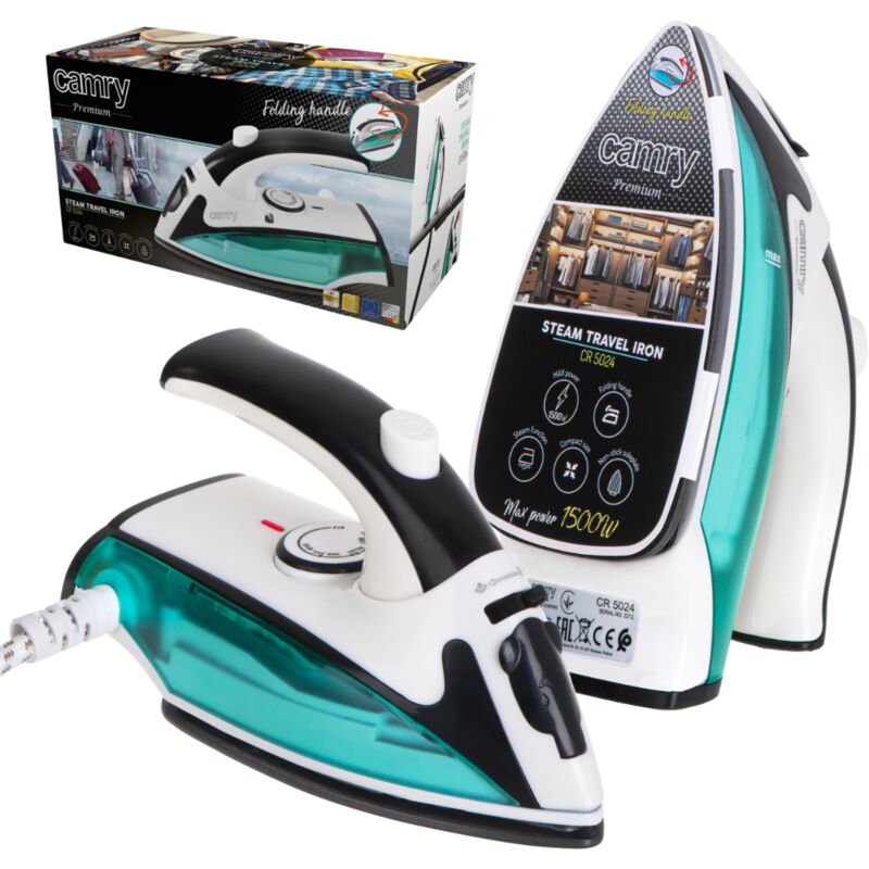 Camry CR 5024 Fer à repasser de voyage à vapeur avec poignée pliante, léger et petit, vapeur 1500W Blanc/Vert