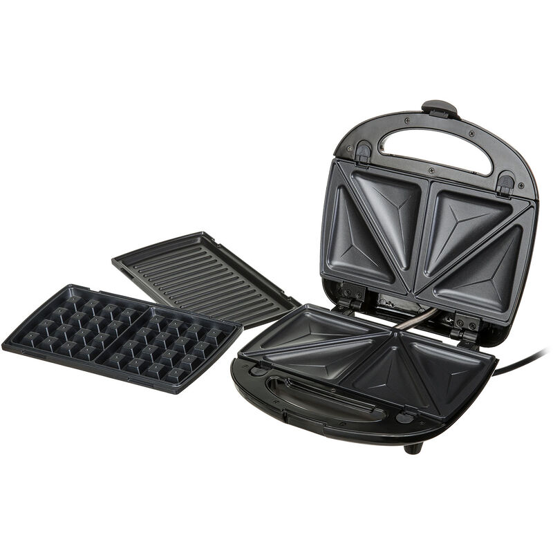 CR3024 Sandwichera 3 en 1, Placas Intercambiables, Sandwich Tostadora, Gofrera Gofres Belgas, Grill 1000W Negro - Negro - Camry