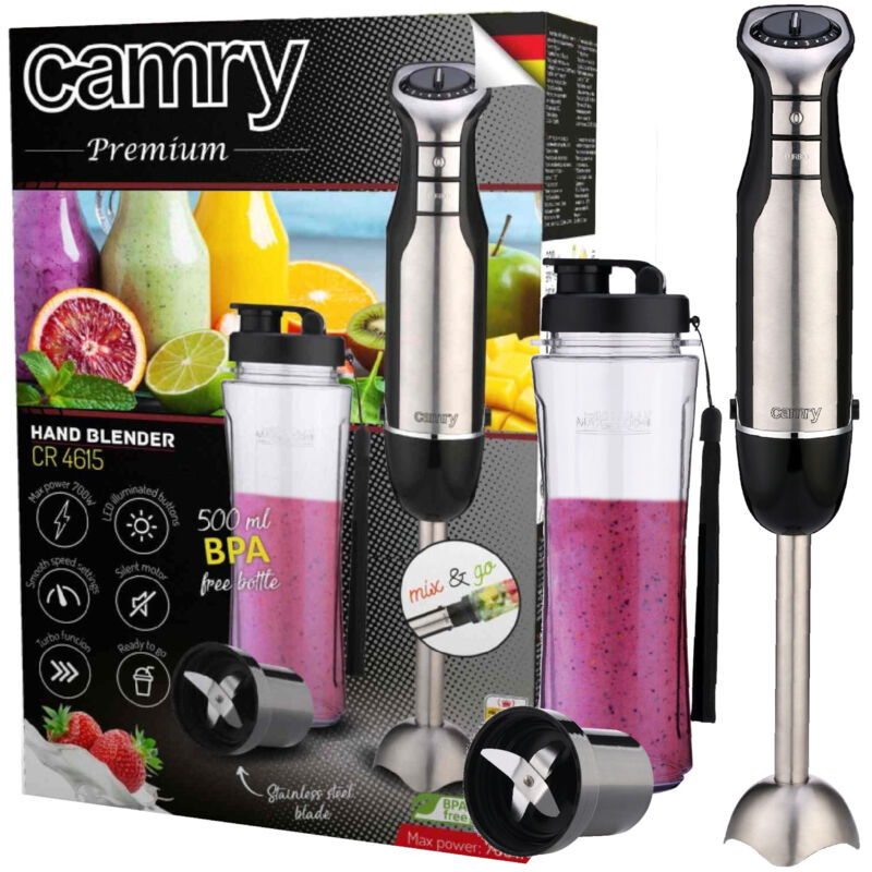 Camry cr 4615 - Frullatore manuale con bottiglia da 500 ml, senza bpa, 700 w, 700 w, silenzioso, per frullati, zuppe, pulsante turbo, lame in acciaio