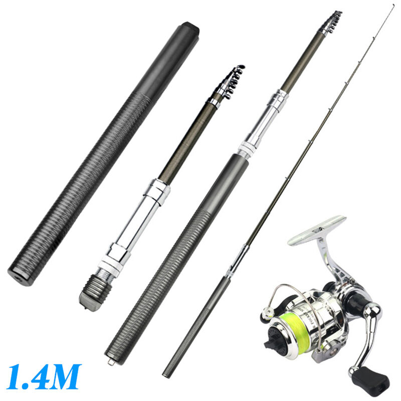 

Cana de pescar portatil de 1,4 M, cana de pescar telescopica + 2 + 1 BB, rueda de pesca giratoria, kit de aparejos de pesca intercambiables de mano