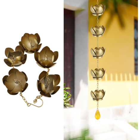Canalón de hierro chapado en oro, inoxidable, de 1,2 m de largo, con diseño floral y colgante para decoración y drenaje exterior.