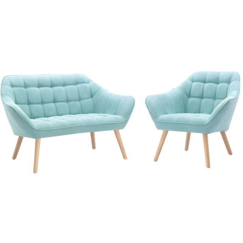 Canapé 2 places et fauteuil en tissu vert d'eau CASERTA