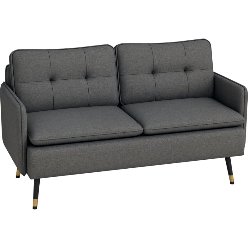 Homcom - Canapé 2 places style art-déco dossier effet capitonné piètement incliné effilé métal noir extrémités dorées tissu anthracite