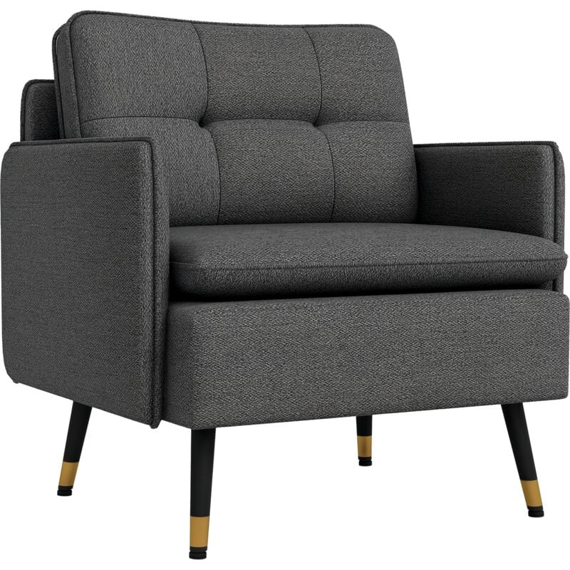 Homcom - Fauteuil style art-déco dossier effet capitonné piètement incliné effilé métal noir extrémités dorées tissu anthracite