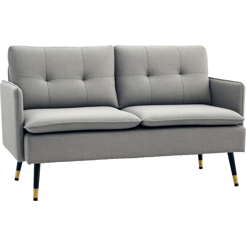 Homcom - Canapé 2 places style art-déco dossier effet capitonné piètement incliné effilé métal noir extrémités dorées tissu gris