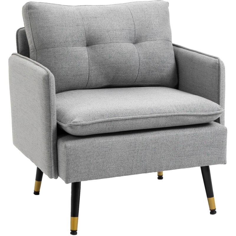 Homcom - Fauteuil style art-déco dossier effet capitonné piètement incliné effilé métal noir extrémités dorées tissu gris