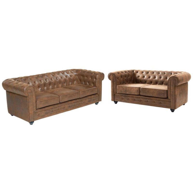 Vente-unique - Canapés 3 places et 2 places chesterfield en microfibre aspect cuir vieilli